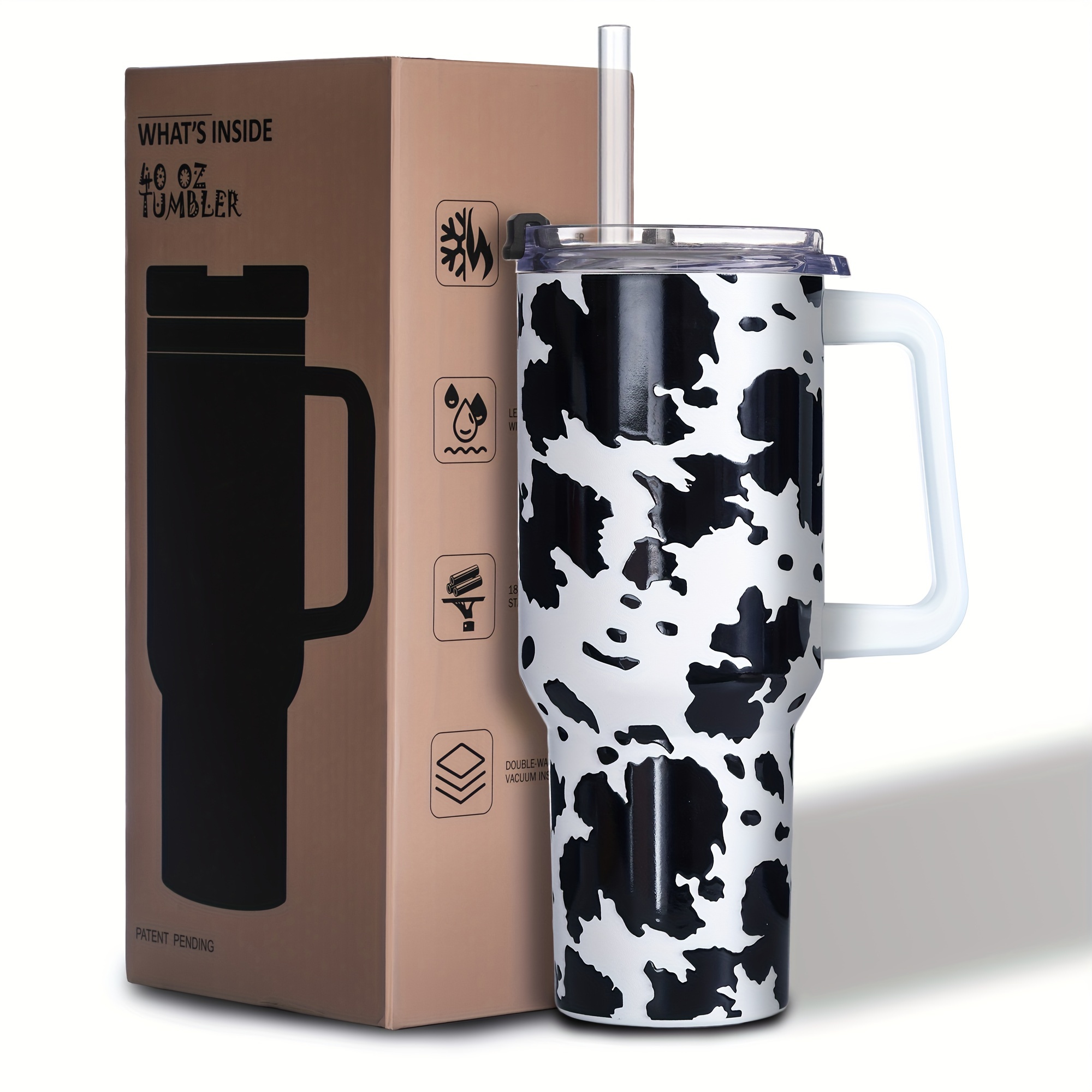 

Cow Print 40 Oz Tumbler With Handle - Stainless Steel Cup With Straw - Insulated Coffee Mug With Lid - Cow Print Birthday Gifts For Women - Hand Wash Only