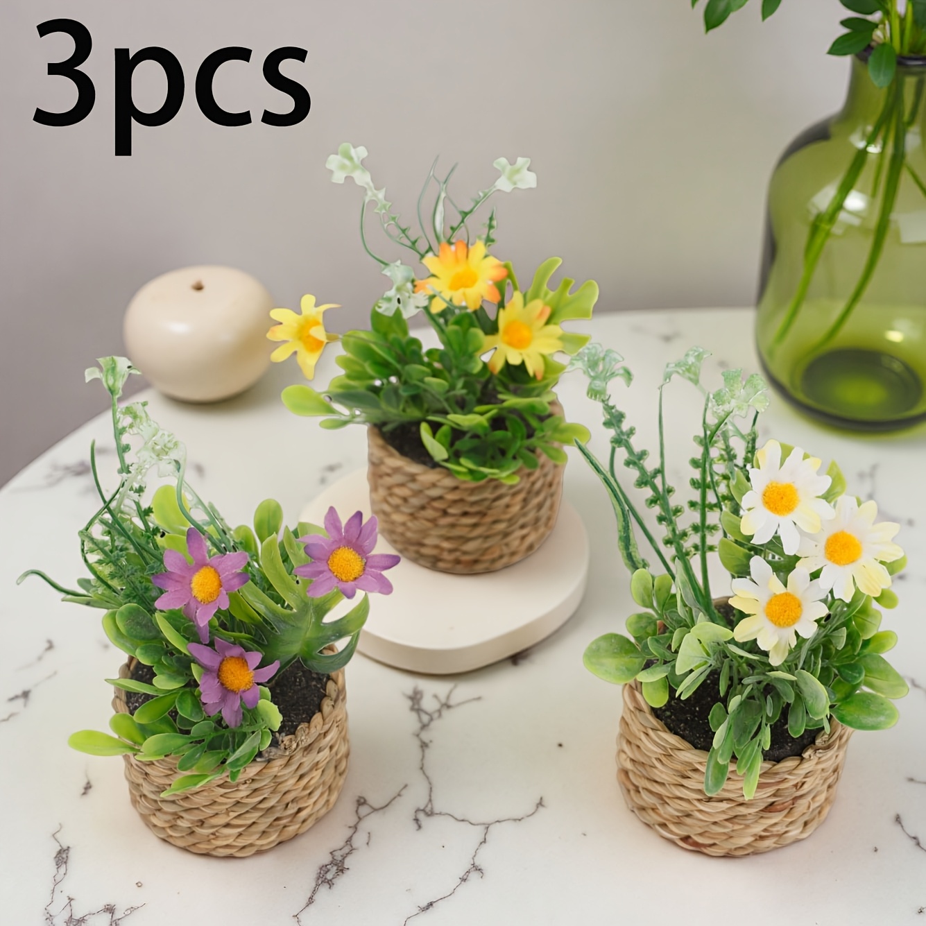 Image of 3pcs Artificial Daisy Potted Plant Set - Yellow, Purple, And White Chamomile - Perfect For Home, Garden, Wedding, And Holiday Decor