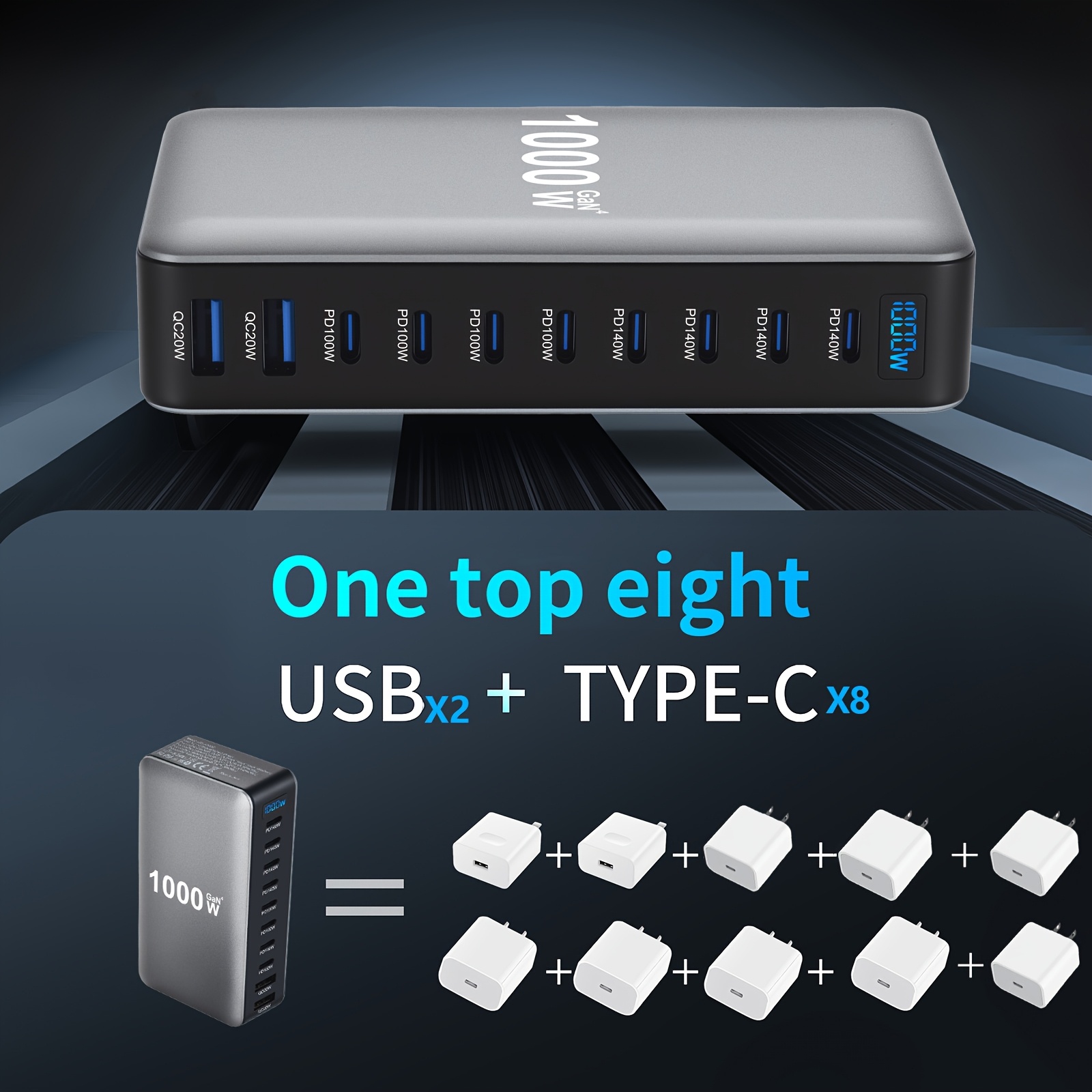 1000W Gan 4 10 Ports USB C Fast Charging Station Hub Block Portable Wall PD Charger Power Adapter with 8 USB-C + 2 USB-A, 140W Port for Macbook Pro/Air, for Iphone 15 14 13 12 11, for ETC