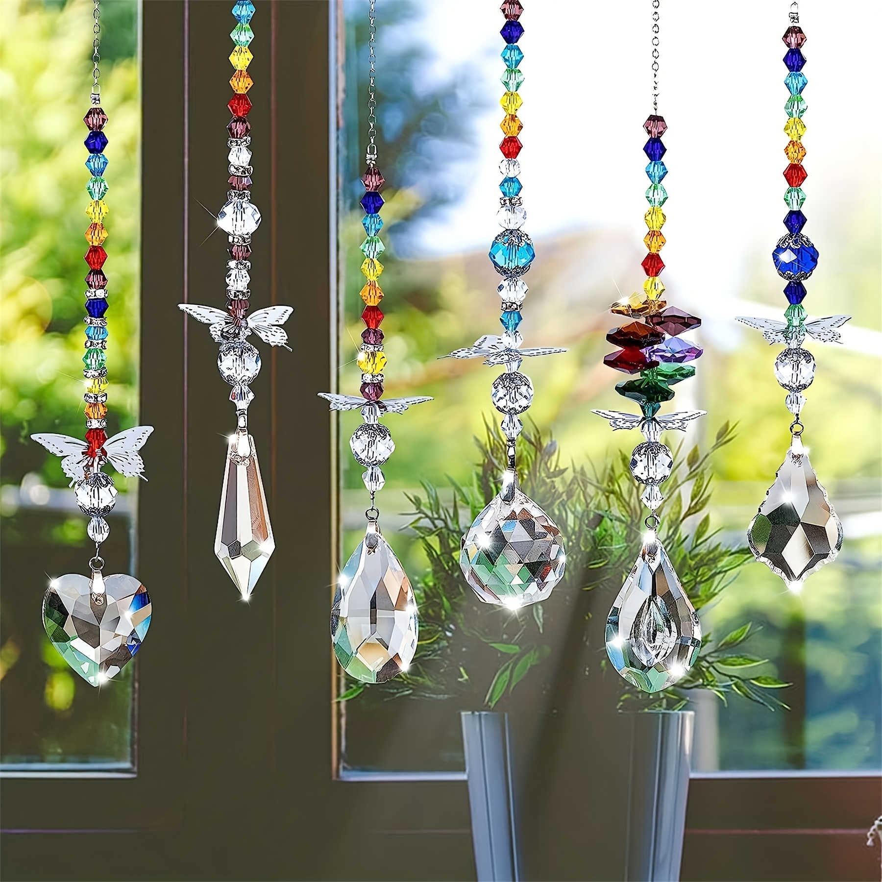 

6 Pcs Glass Ball Bead, Prism Sunlight Catcher, Window Rainbow Device With Butterfly Shape Bead, Hanging Ornament For Home, Office, Garden Decoration