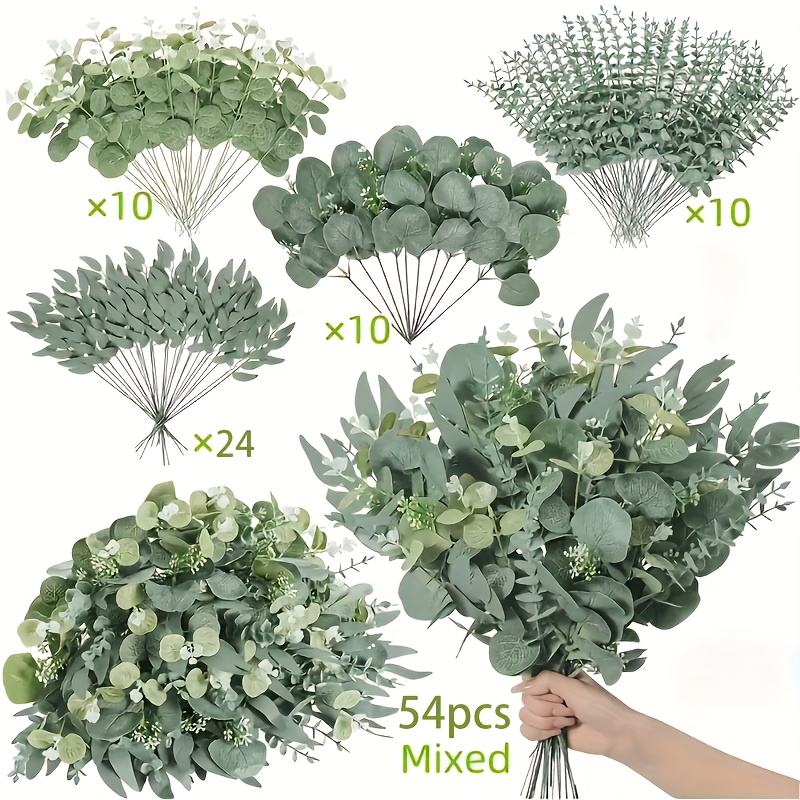 Image of A Bulk Set Of 54 Artificial Flowers Combined With Eucalyptus And Stems, Featuring 4 Varieties Of Faux Eucalyptus Leaves For Floral Arrangements For Home Decoration