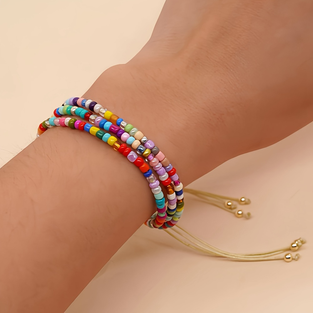 

1 Pc Exquisite 3 Layer Colorful Rice Beads Design Bracelet Bohemian Elegant Style For Women Summer Daily Hand Decor