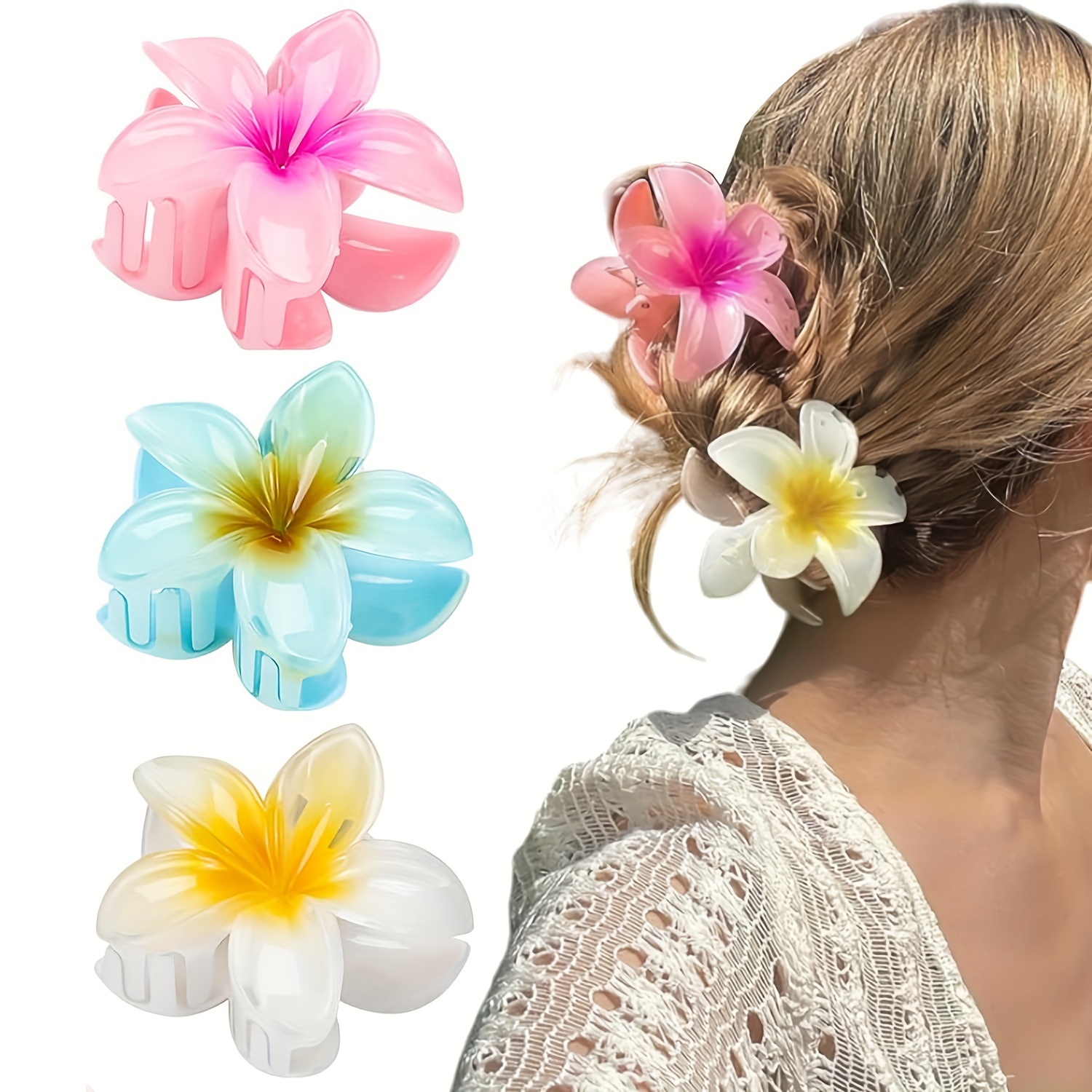 

3pcs Large Gradient Flower Hair Clips - Vibrant, Non-woven Resin Shark Clip For & Casual Wear