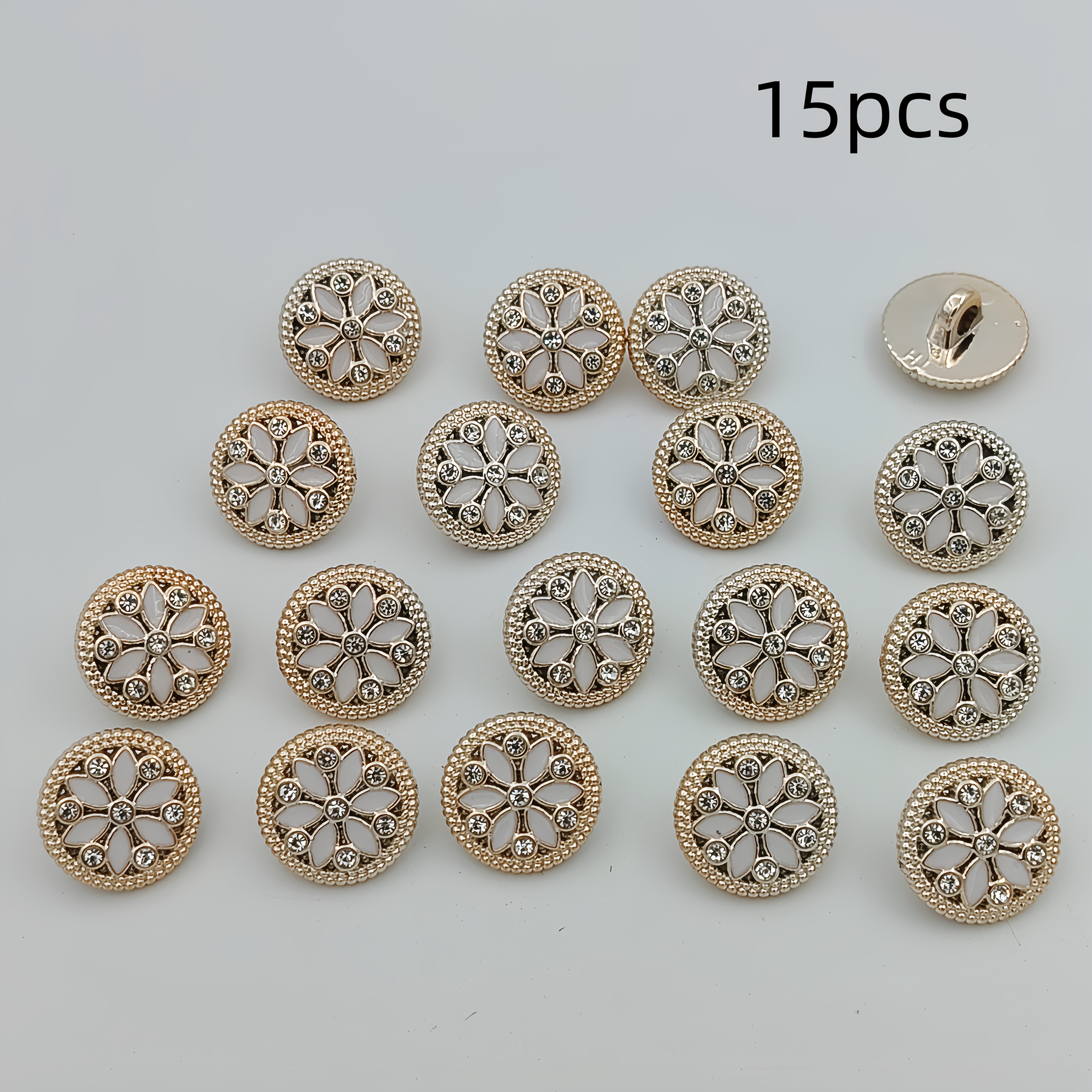 TEMU 15pcs/1.8cm Fashion Trend Personalized Minimalist Round Plastic Light Luxury Button Rhinestone Flower Button European And High-end Flower Inlaid