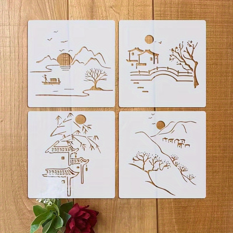 E-shop 4 Stück Chinesische Landschaftsmalerei Schablonen - Wiederverwendbare Traditionelle Chinesische Kunst Schablonen mit Symmetrischen Bergen,