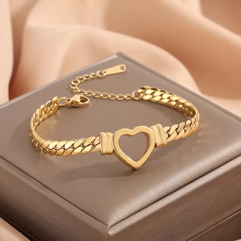 TEMU 1pc Bracelet en Acier Inoxydable Vintage Minimaliste avec Cœur Creux & Chaîne Tressée pour Femmes - Bijou Élégant , Accessoire Durable Toute