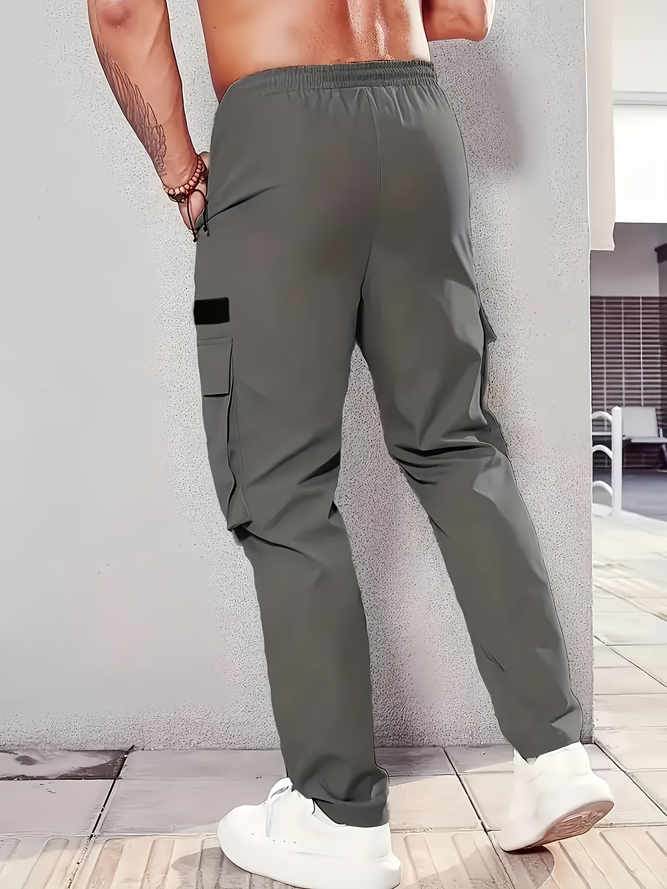 mens loose cargo pants black polyester non stretch   regular fit multiple pockets casual sports style   pants casual fit pants durable casualwear details 1