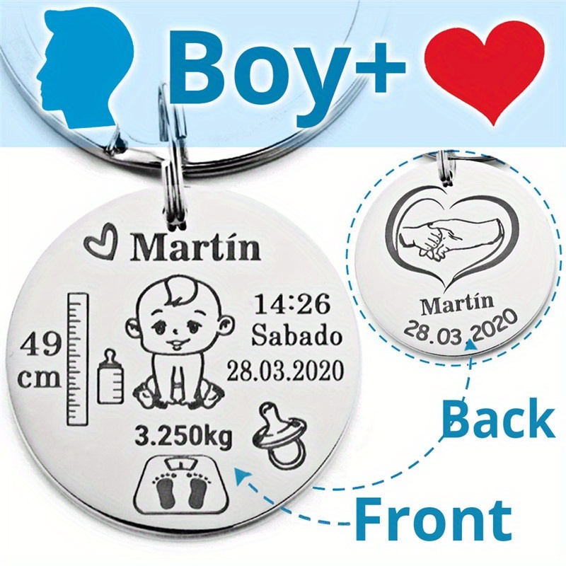 Image of Custom Stainless Steel Keychain Name, Weight, Height, Information Commemorative Tag Gift For New Parents Creative Full Gift First Birthday Souvenir