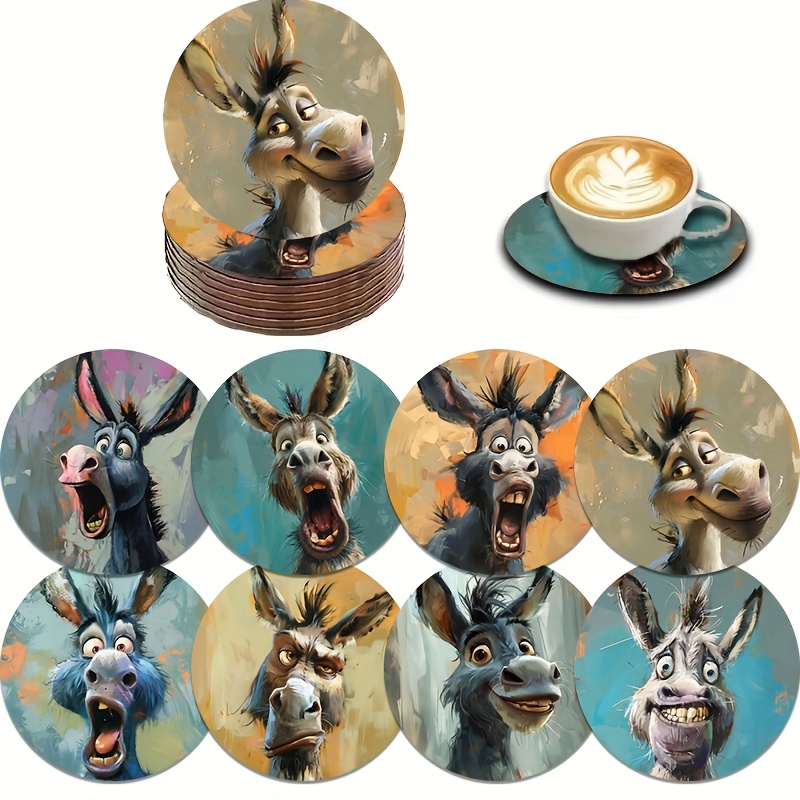 Image of 8pcs Set Of Fun Donkey Printed Wooden Coasters, Suitable For Car Cup Holders, Tea Cups, Coffee, And Beverage Mugs, Perfect For Home And Dining Occasions, As Well As Housewarming Gifts For Parents