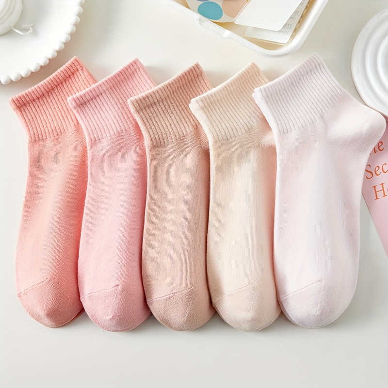 

5 Pairs Soft Pink Socks, Comfy & Breathable Simple Short Socks, Women's Stockings & Hosiery - Fall & Winter