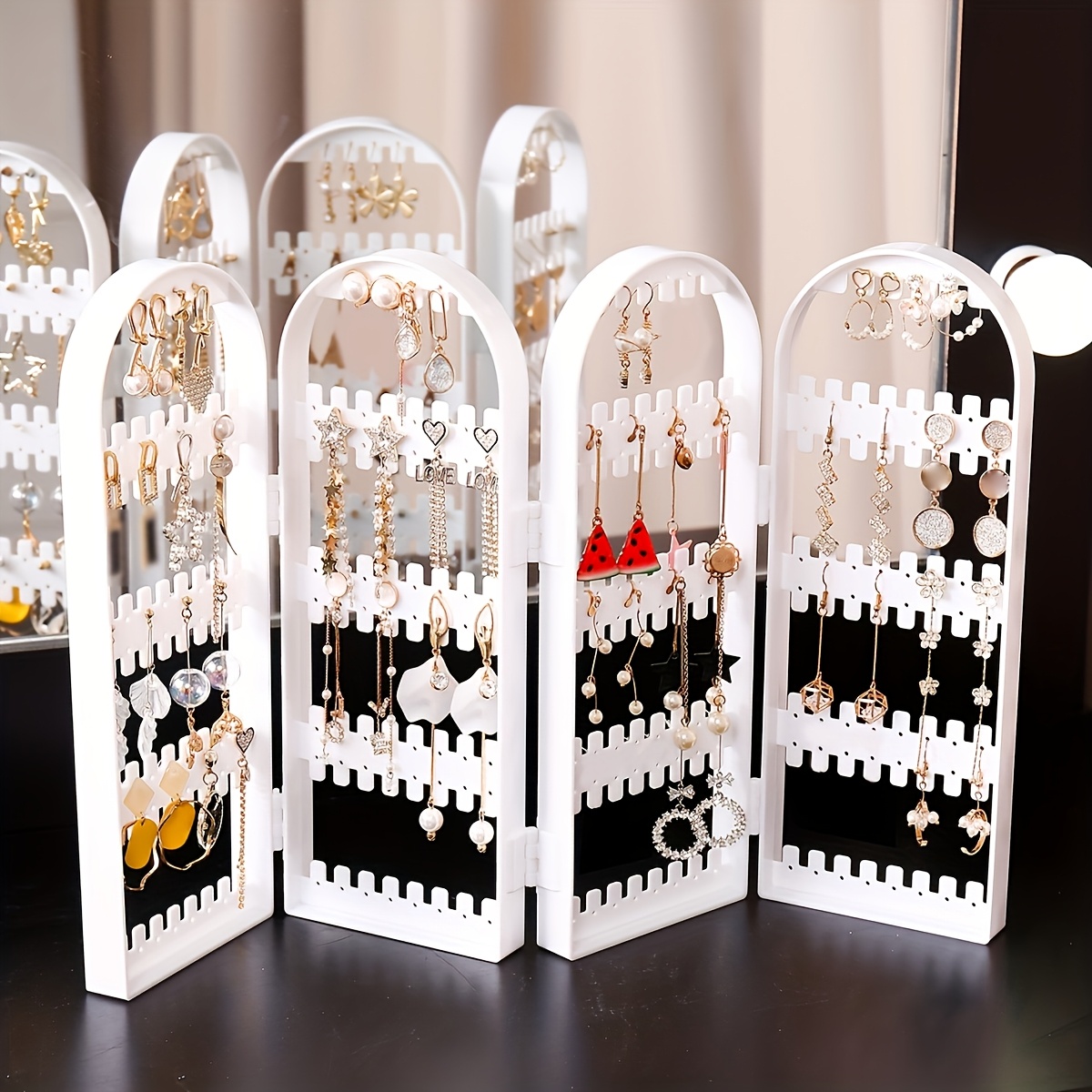 

1pc White Elegant Jewelry Organizer, Multi-compartment Plastic Display Stand For Earrings, Necklaces, Bracelets, Foldable With Hinges, Large Capacity, No-blocking Earring Holes, For Home & Retail Use