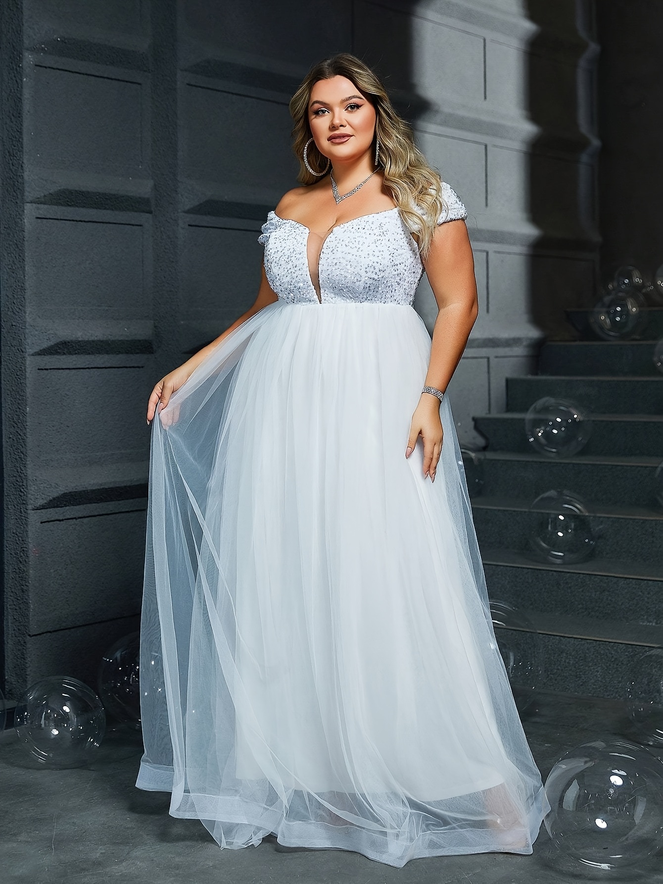 plus size white shoulder sequin mesh wedding gown - Temu