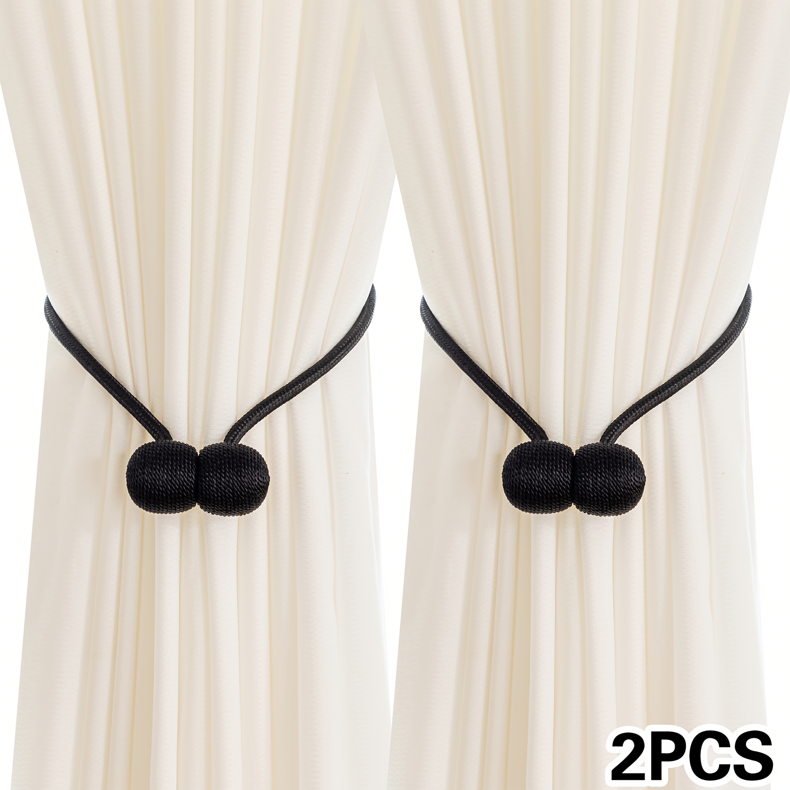 A Set of Two Modern Minimalist Magnetic Curtain Ties Is on, Featuring Thicker Twisted Ropes And Flexible Magnetic Ties. They Are Durable, Easy to Install, And Do Not Require Drilling, Making Them Perfect for Bedroom And Living Room Decor