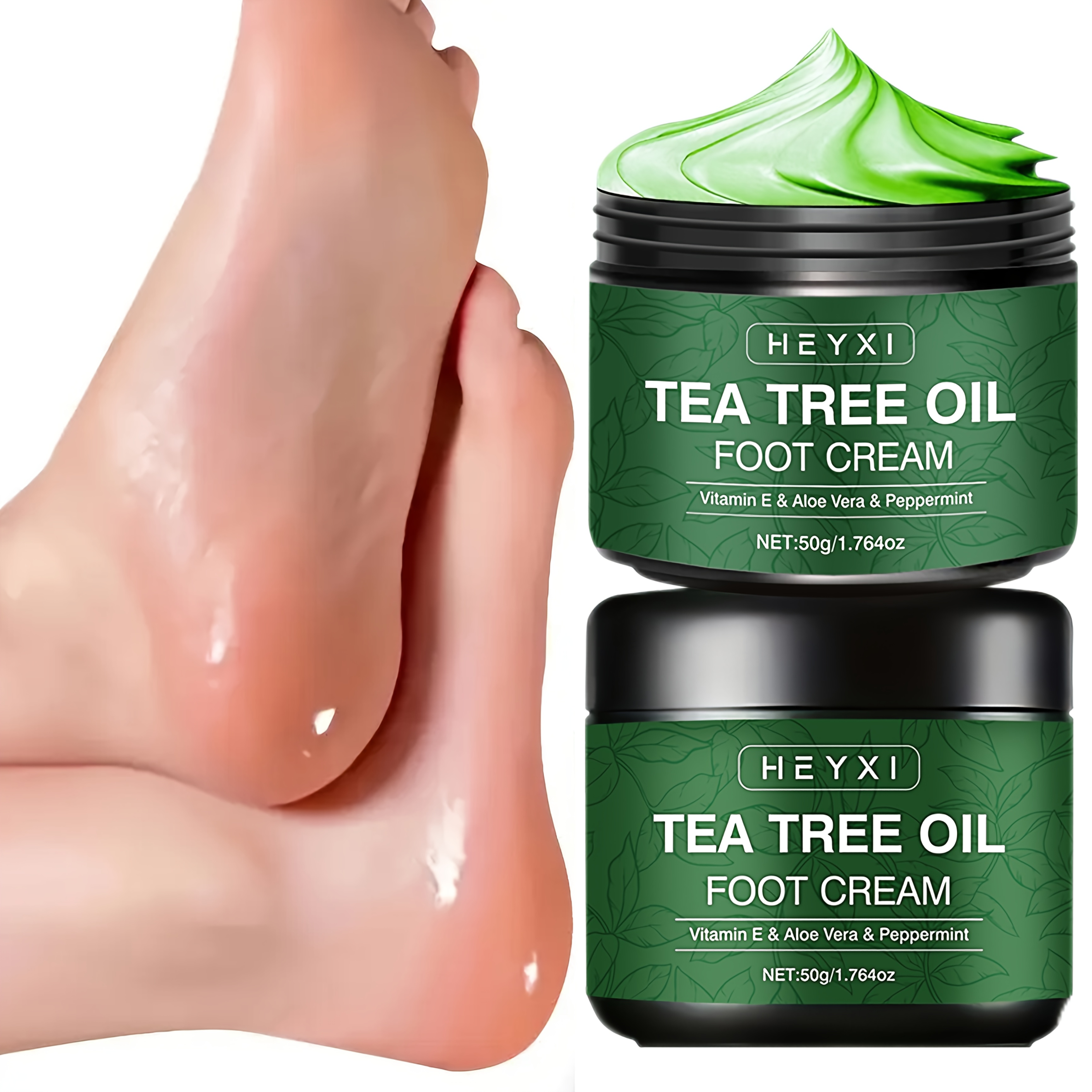 2-Pcs Tea Tree Oil Foot Cream, Enriched with Vitamin E, Aloe Vera, and Peppermint, Effectively Moisturizes Dry, Rough, and Cracked Skin, with a Long-lasting Fresh Fragrance, Foot Care, Contains Plant-derived Squalane with Plant Squalane