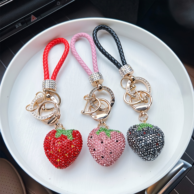 

Creative Strawberry Fruit Keychain With Rhinestones, Fashion Braided Rope Car Key Ring, Lobster Clasp Bag Charm For Women - Alloy, Birthday Gift