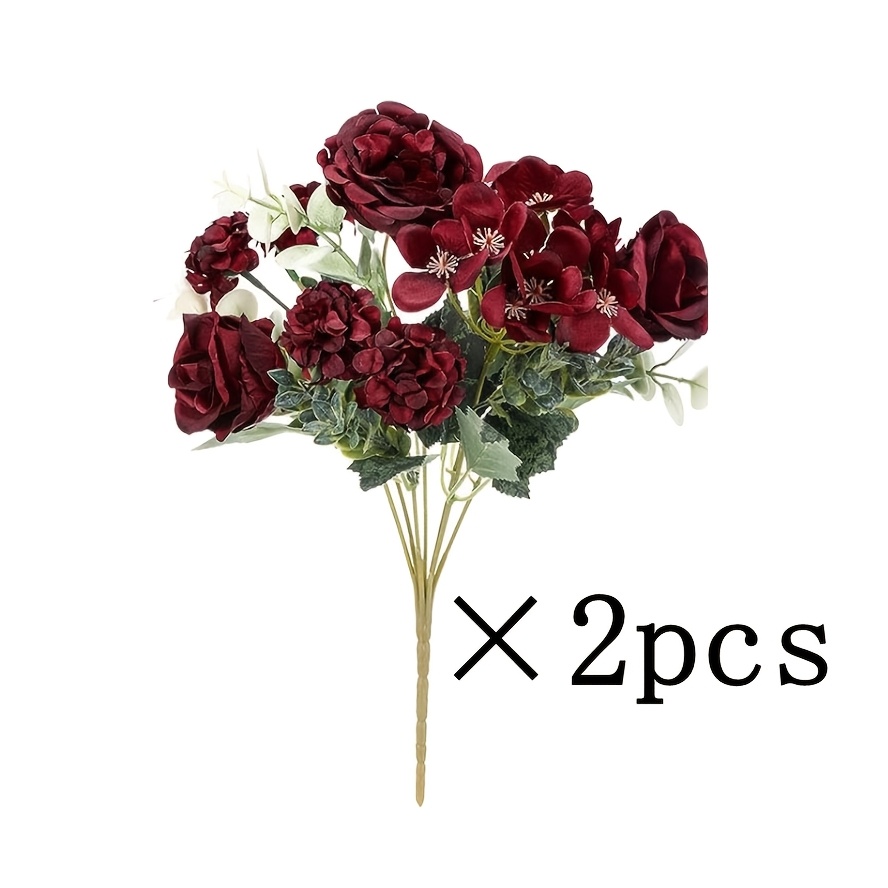TEMU 2pcs Wine Red Nordic Peony & Hydrangea Artificial Bouquets. Ideal For Weddings, Parties, Gift Decor And Photography Props. Perfect For Diy