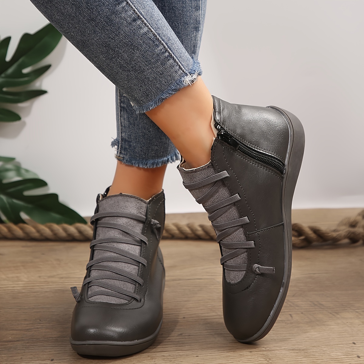 Women's Western Ankle Boots – Round Toe Low Heel, Suede, Non-Slip, Metal Buckle