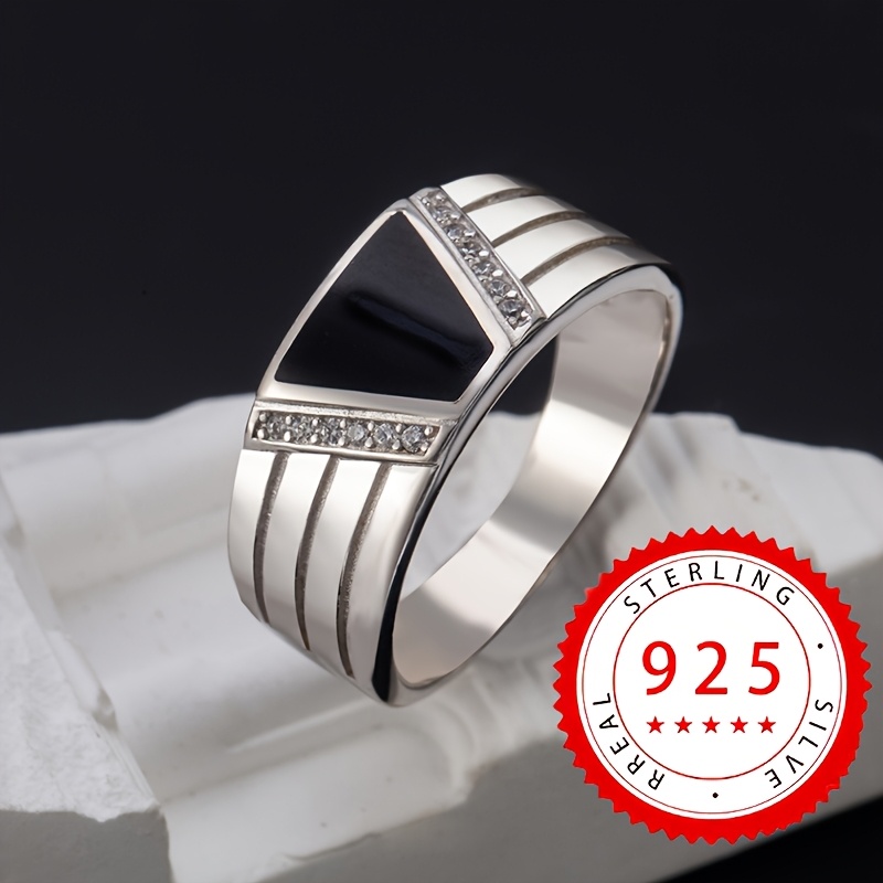 Image of 1pc S925 925 Silvery Plated Fashion Simple Ring Inlaid With Synthetic Synthetic Cubic Zirconiaia Men's And Women's High-quality Jewelry Festival Party Wear