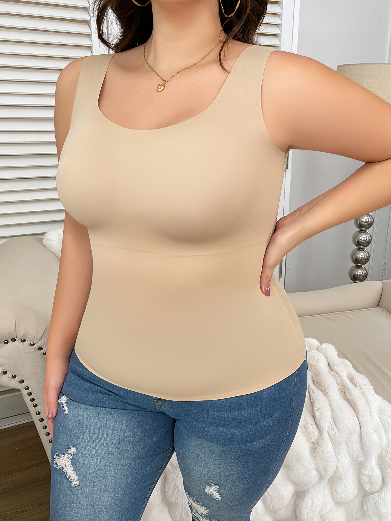 Women's Simple Shapewear Top, Plus Size Solid Seamless Round Neck Tummy Control Slim Fit Tank Top