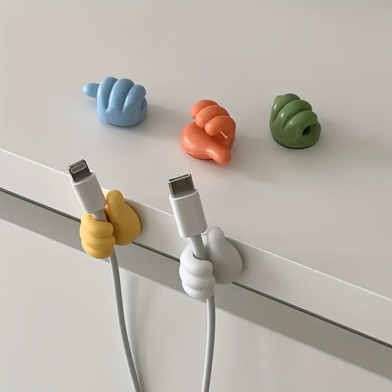 5pcs thumb shaped cable organizer clips no drill   hooks for home kitchen and bedroom assorted colors yellow blue white green plastic material   charging cables and small accessories cord holder desk drawer organizer for home storage details 1