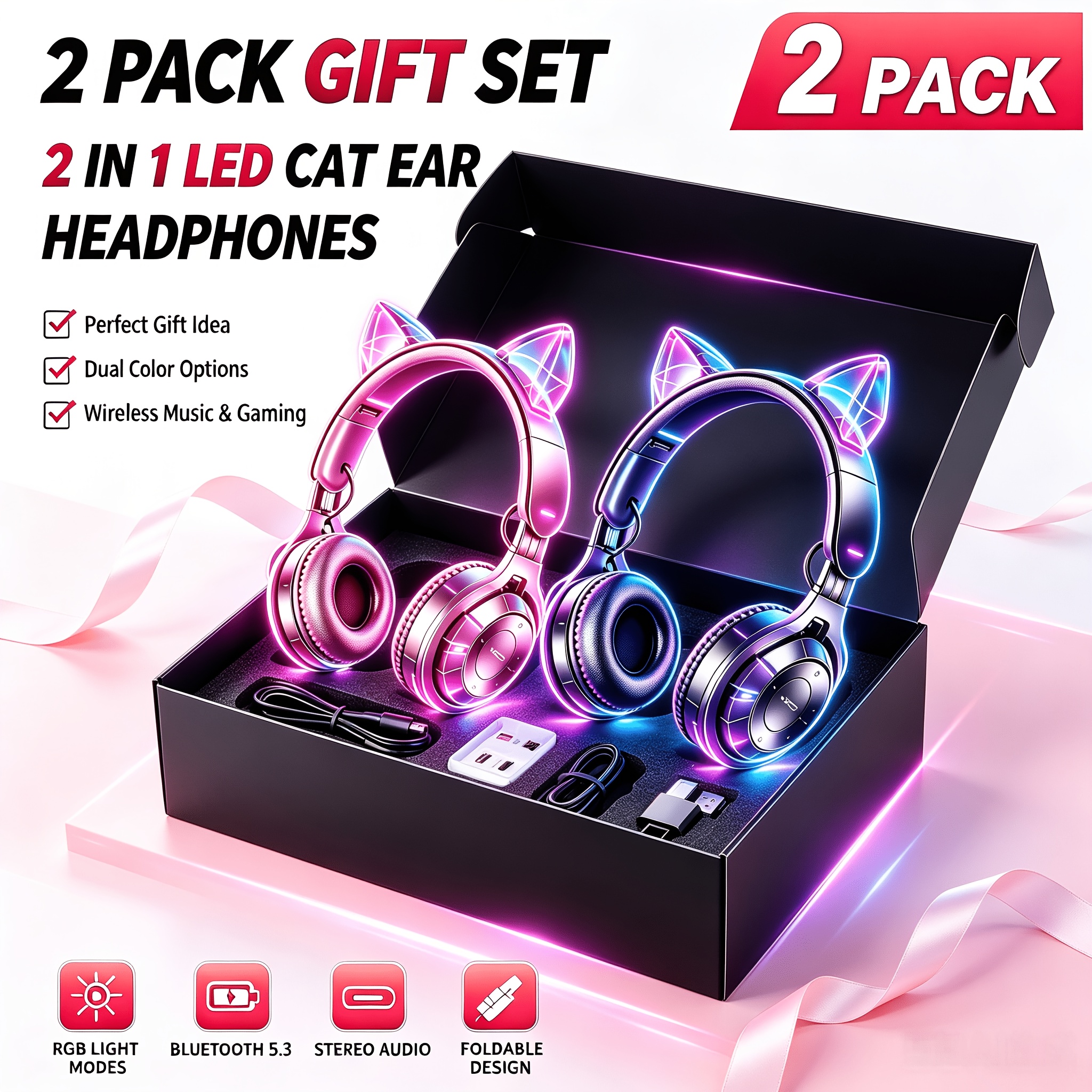 TEMU 2pcs Led Cat Ear Headphones, Rgb Light Wireless Bluetooth Headset, Foldable Over Ear Gaming Headphones, Music Headphones For Teens Adults, Great