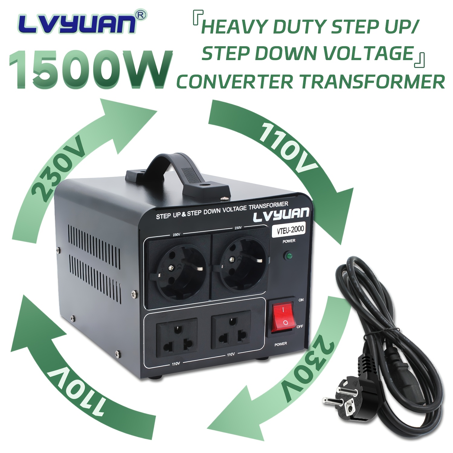 Image of Lvyuan 1500w Step-up -down Transformer, 110v To 220v Or 220v/230v/240v To 110v/120v With 2 Eu Sockets, 2us Sockets And Eu Power Cord, Circuit Breaker Protection, Electrical Adapters, Functional Design