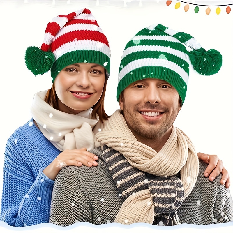 

Bonnets en acrylique tricotés de Noël Père Noël et , motif rayé avec pompon, coupe élastique, chapeau d'hiver unisexe - Fabriqué en technique de tricot