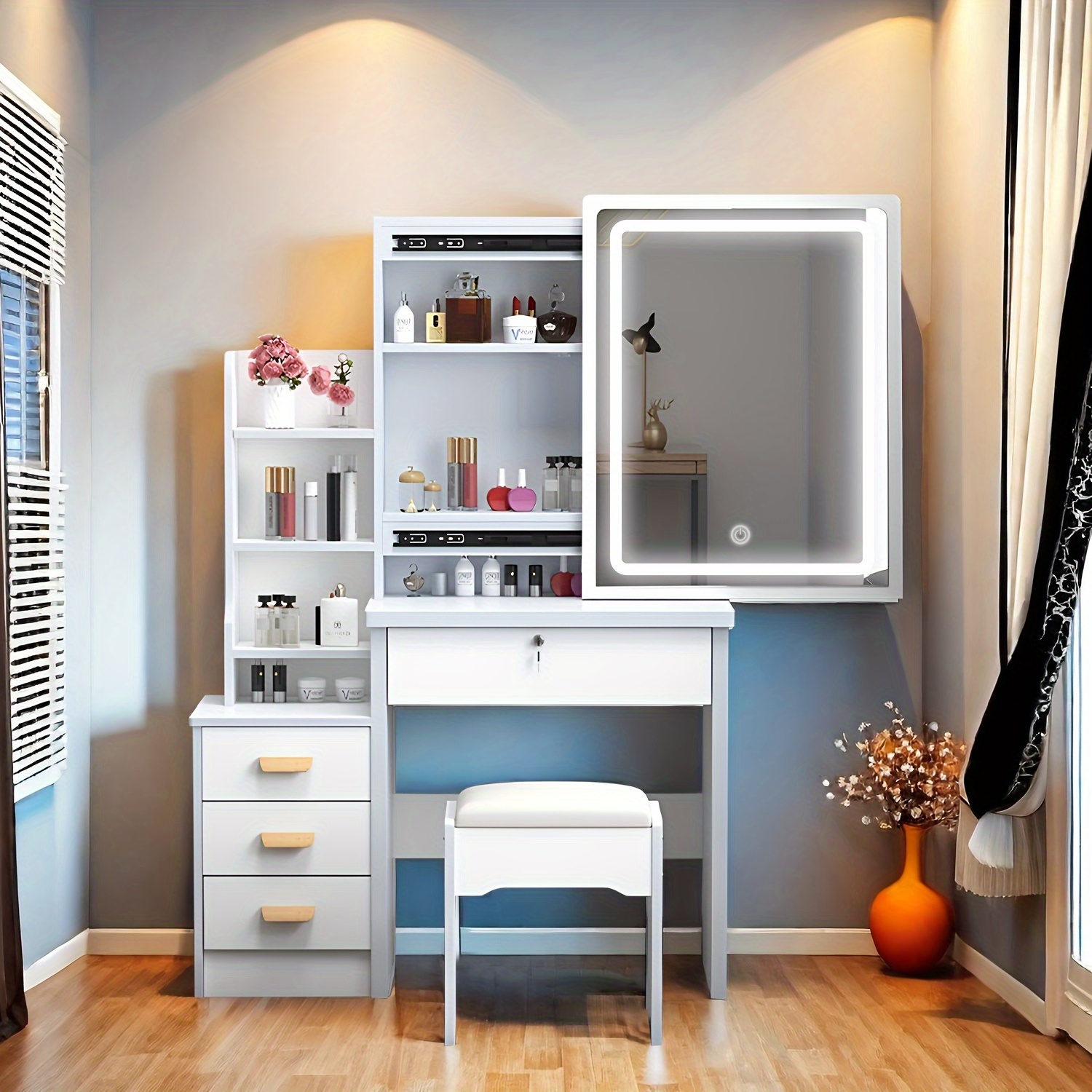 

White Dressing Table With Sliding Mirror & Stool 4 Drawers Home High-end Bedroom Dressing Cabinet Integrated Small Apartment