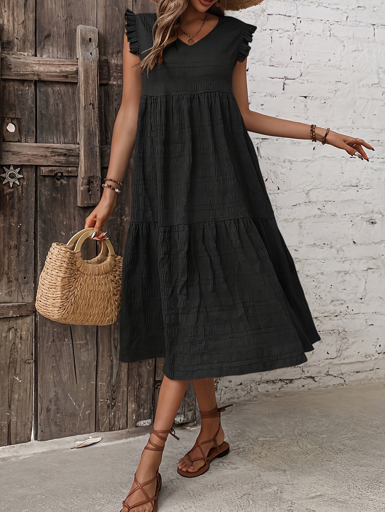 spring and autumn new elegant fashion solid color dress with ruffle sleeves for women 0