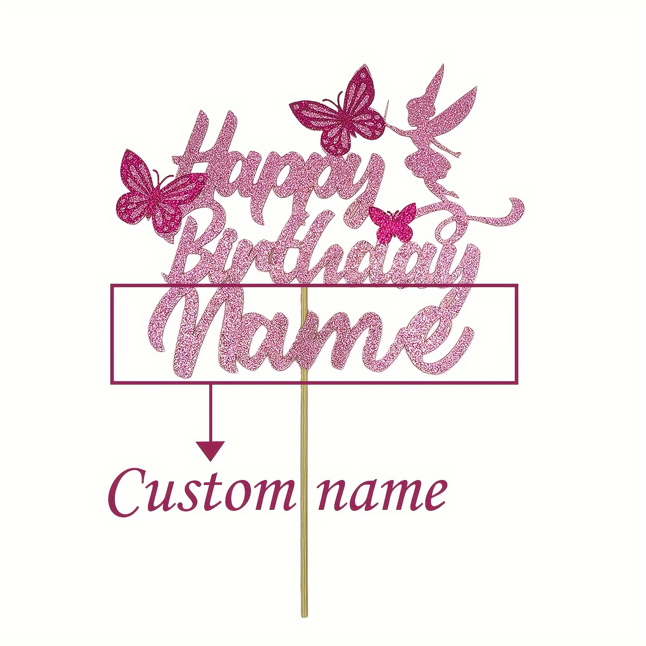 

1pc Personalized Pink Cake Topper, Custom Name Bamboo Cake Decoration, Double-sided Flash Card, No Electricity Or Feathers Required, Birthday