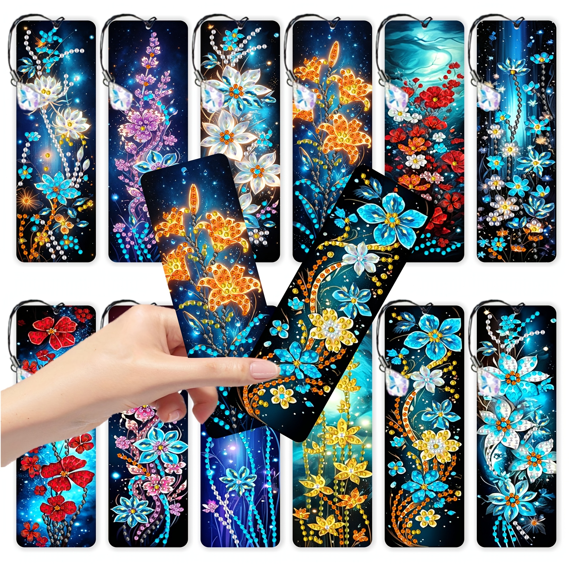 TEMU 12pcs Set Of Starry Floral Theme Diamond Painting Bookmarks, Overall For Blue Starry Sky, Night Sky Atmosphere, With Lanyard And Crystal Pendant