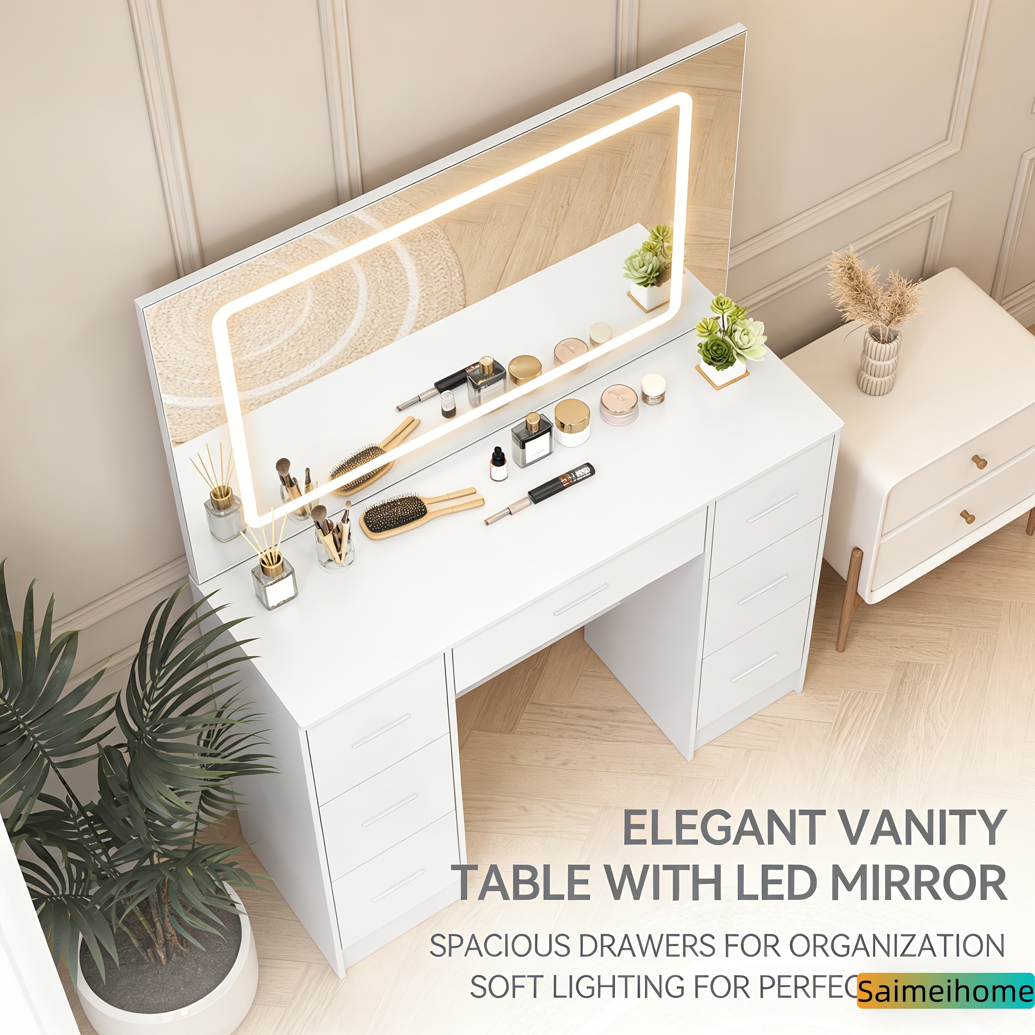 Image of Spring New Vanity Desk, Hd Mirror Design, Multi-drawer Large Storage, Detachable Assembly, With Paste-on Led Light, For Bedroom