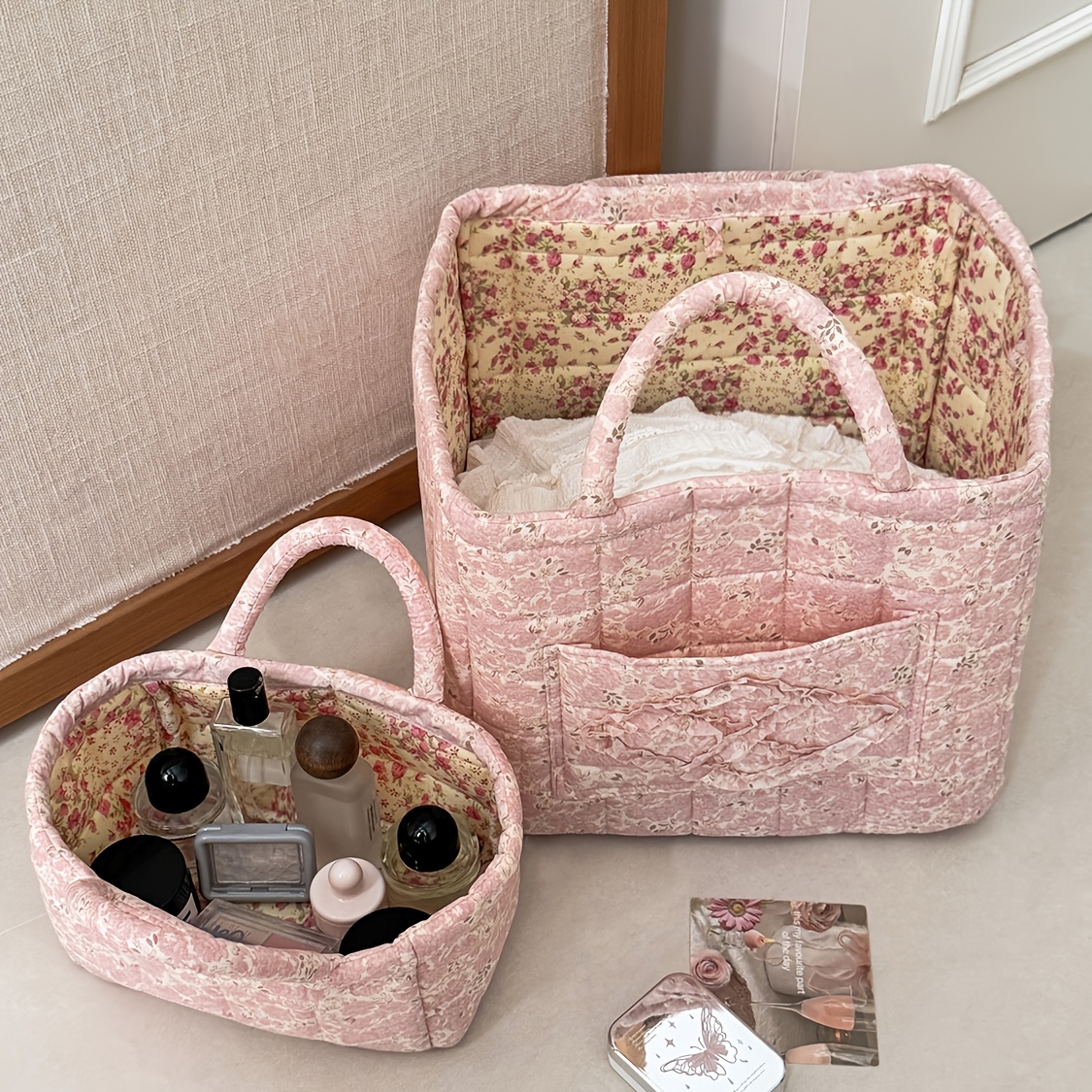 TEMU Pastoral Floral Print 2pcs Set Storage Basket, Stylish And High-value Desktop Sundries Organizer Basket, Household Bedroom Living Room Fabric
