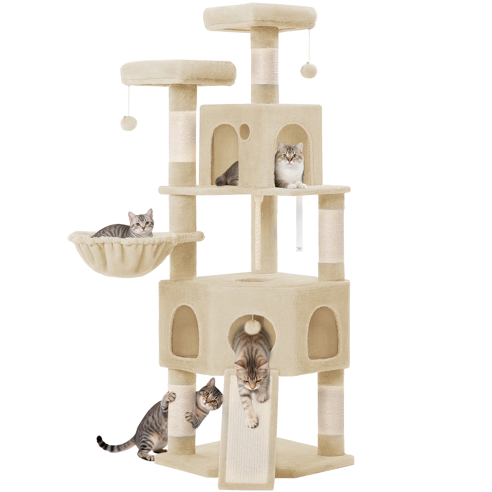 Cat Tree, 174cm Scratching Post, 2 Platforms, 2 Cave Beds, 4 Sisal Columns, 1 Cat Scratching Board, 1 Cat Basket, Pom-poms, Sisal Rope, Heavy-duty For Multi-cat Homes