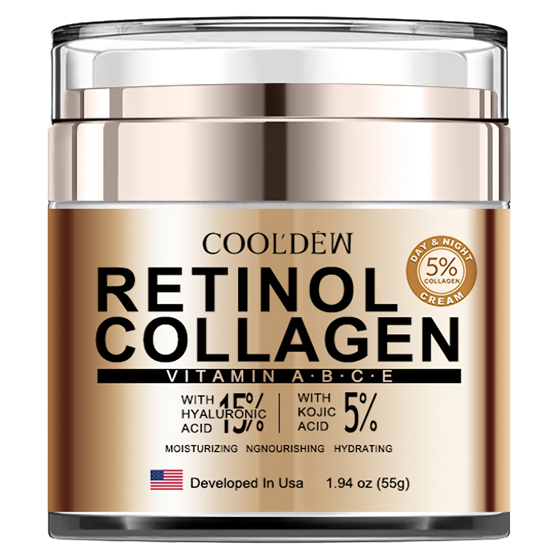 Retinol Collagen Face Cream, 1.94oz / 55g, with Hyaluronic Acid and Vitamins C+E - Day and Night Moisturizing Cream, Kojic Acid Brightening, Jojoba Oil for Skin Firming, for Men and Women