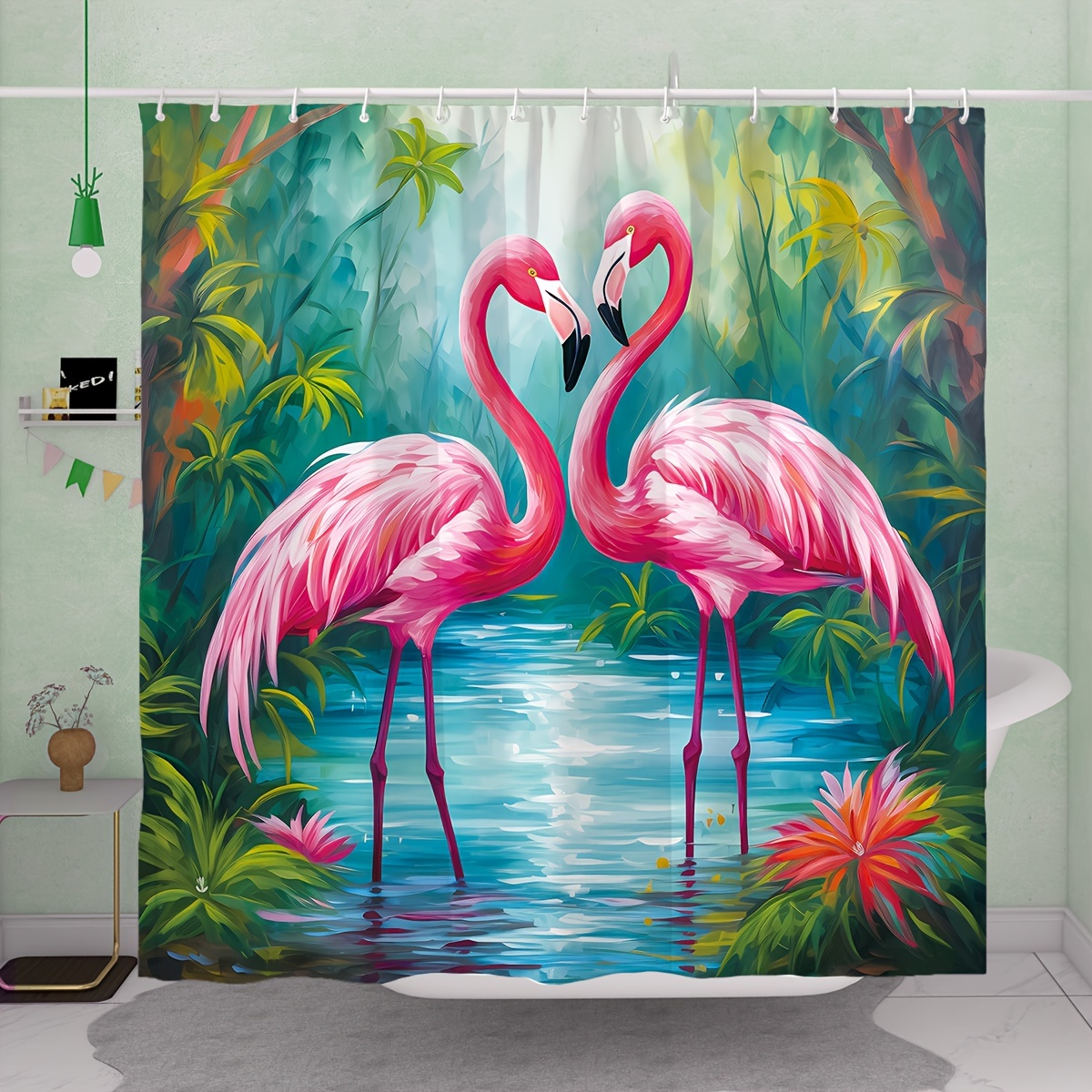 

1pc Flamingo Forest Pattern Shower Curtain, Waterproof Bathroom Partition Curtain With Hooks, Decorative Bathroom Shower Curtain, Bathroom Accessories, Home Decor