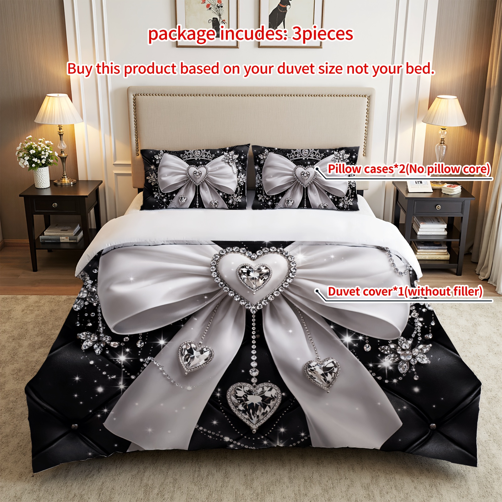 TEMU 3pcs Bow With Crown And Hearts Duvet Cover Set, Sparkling Crystal Print, Romantic Theme, Breathable Polyester, All - Season, Machine Washable, ,
