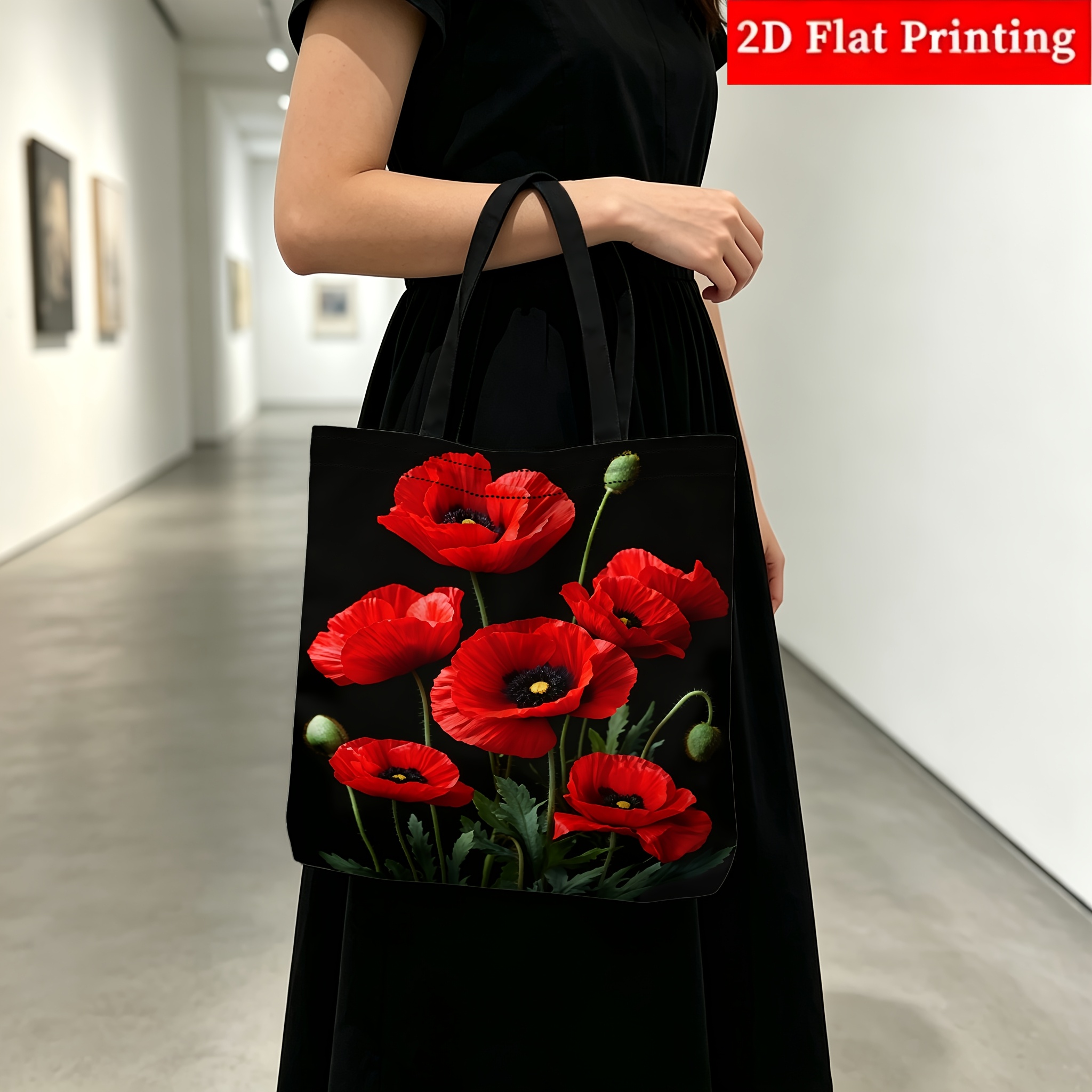 TEMU 2d Flat Print Summer Outing, Printed Shoulder Bag, Floral Pattern, Casual Women's Handbag, Reusable Shopping Bag, With Red Flower Pattern, 2d