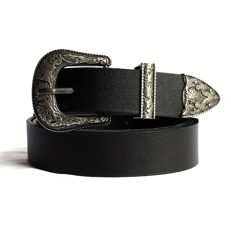 

1pc Vintage Carved Pin Buckle Belt Black Waistband Boho Western Style Jeans Pants Pu Leather Belts