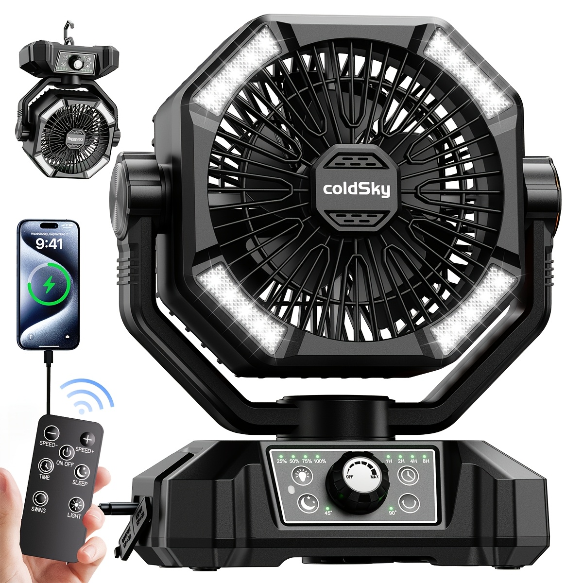 TEMU 20000mah Camping Fan With Dual Motor, Battery Operated Fan With 4 Led Lantern, 8 Desk Fan With Remote, Portable Outdoor Fan With Hook For Tent, Power Outages