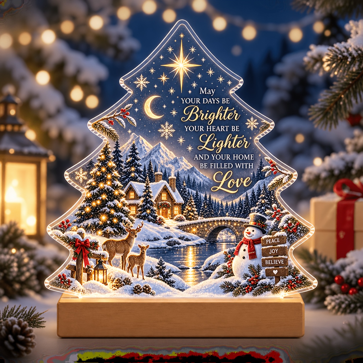 TEMU 2d Flat, Please Peel Before Use, Christmas Tree Shaped Acrylic Tabletop With Wooden Base, Cottage Reindeer Snowman Star English Slogan Desktop
