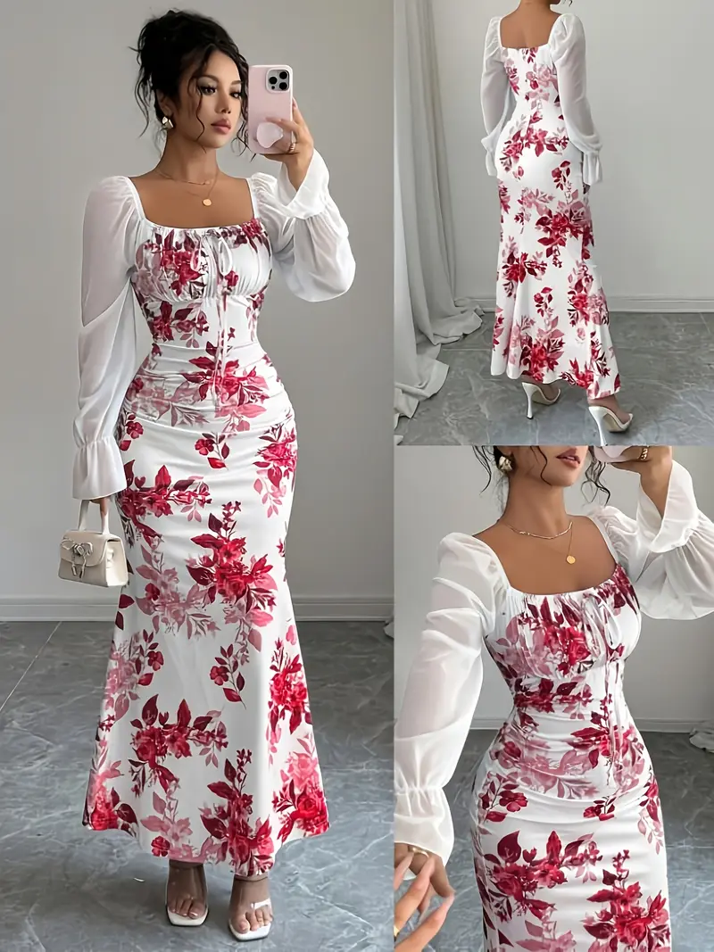 elegant floral print long sleeve bubble sleeve notch neck - Temu Mexico elegant floral print long sleeve bubble sleeve notch neck - Temu Mexico