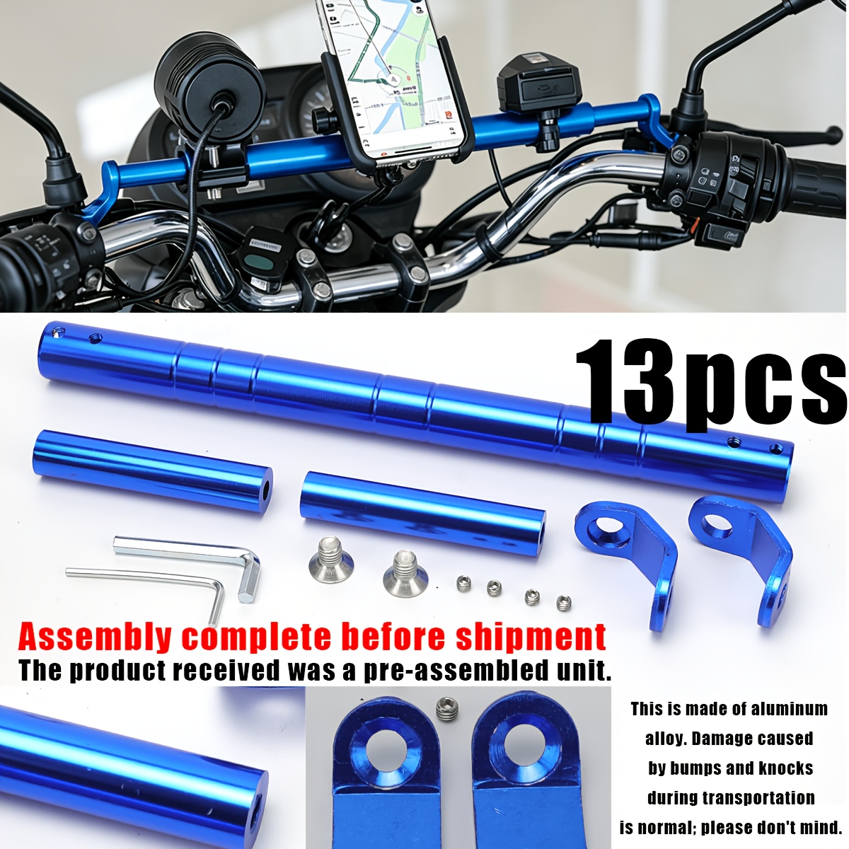 TEMU 13pcs Motorcycle Handlebar Set, Aluminum Alloy Adjustable Handlebar , Universal Motorcycle Handlebar Extension Bar, Suitable For Phone Mounts,