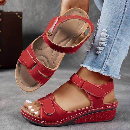 womens beige wedge sandals comfortable open toe platform shoes with adjustable ankle strap perforated design for casual summer fashion strappy sandals