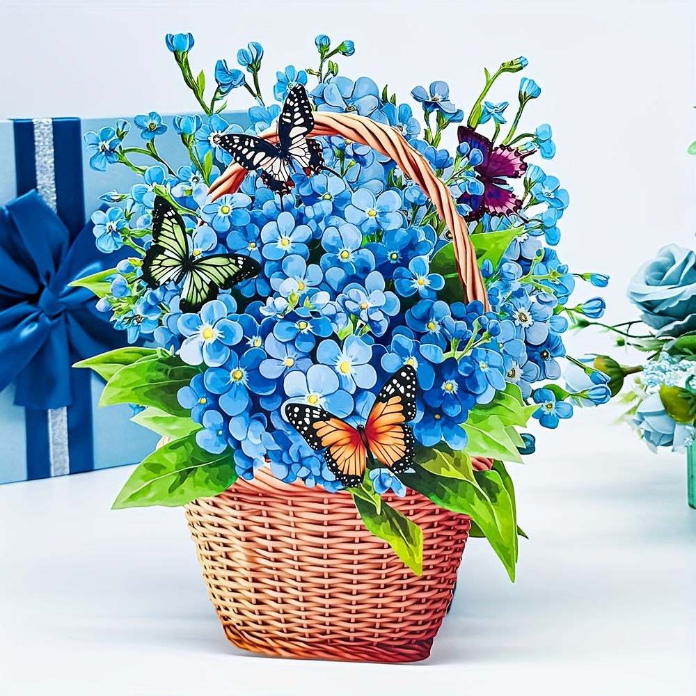 E-shop Stilvolle elegante 3D-dreidimensionale Grußkarte mit Schmetterlings-Blumenkorb, mit verschiedenen Blumenkörben lebhaften Schmetterlingen.