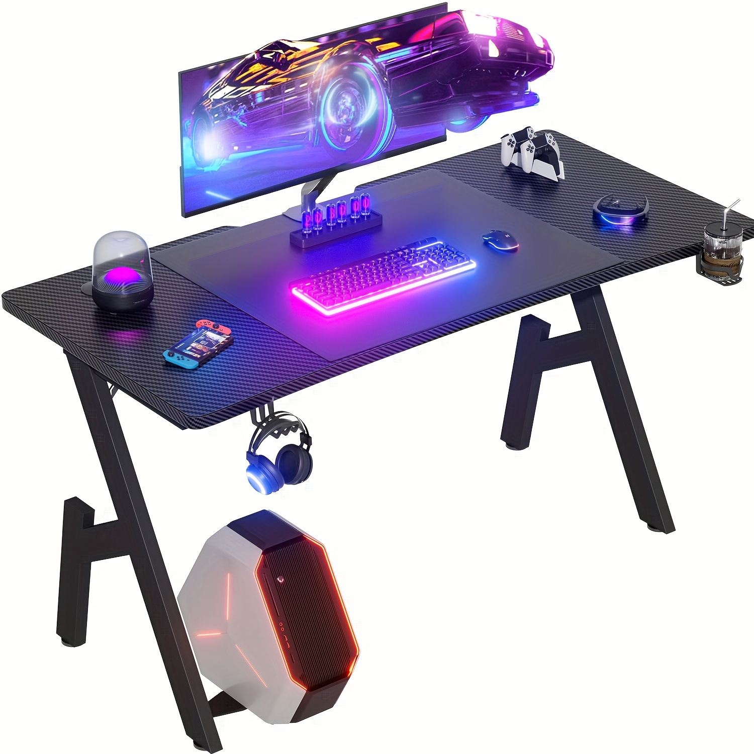 TEMU Mesa de gaming de A Furnishia con portavasos y gancho para auriculares, mesa de ordenador ergonómica, tablero de fibra de carbono y alfombrilla