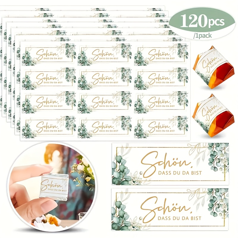 E-shop 120 Stk./Packung, Deutsche Elegante Eukalyptus Goldene Schrift Aufkleber - "Schön, Dass Du Da Bist" ,8 cm Rechteckige Papieraufkleber, Elegantes