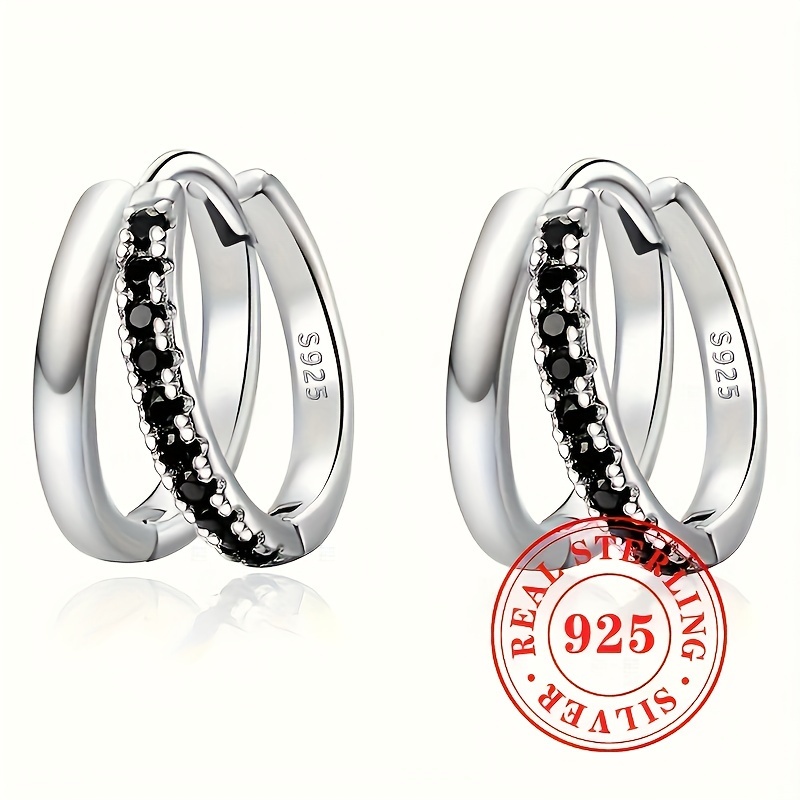 

4g S925 Sterling Silver Double Synthetic Black Gemstone Hoop Earrings Women' Party Earrings Jewelry