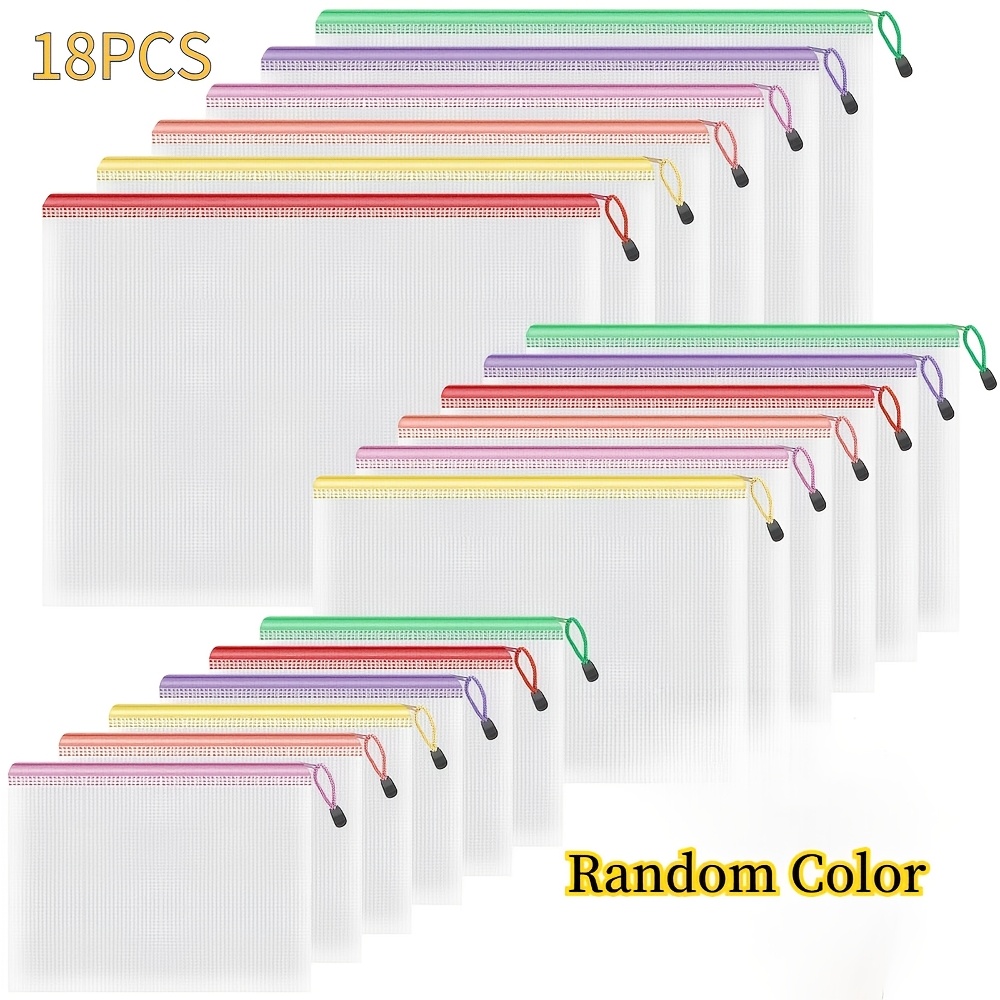 TEMU 18pcs Mixed Color A4/a5/a6, Multi-functional Mesh Random Color Zipper Pouches - Reusable Storage Bags For Stationery, Travel Toiletries