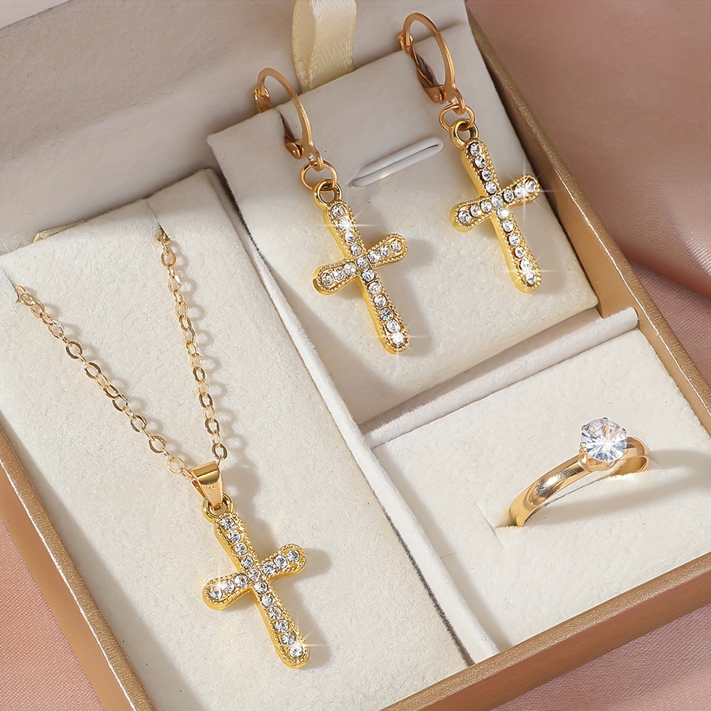 Image of 4pcs Elegant Fashion Easy Cross Necklace Earrings Ring Trend Retro Ladies Street Daily Commuting Holiday Party Wear